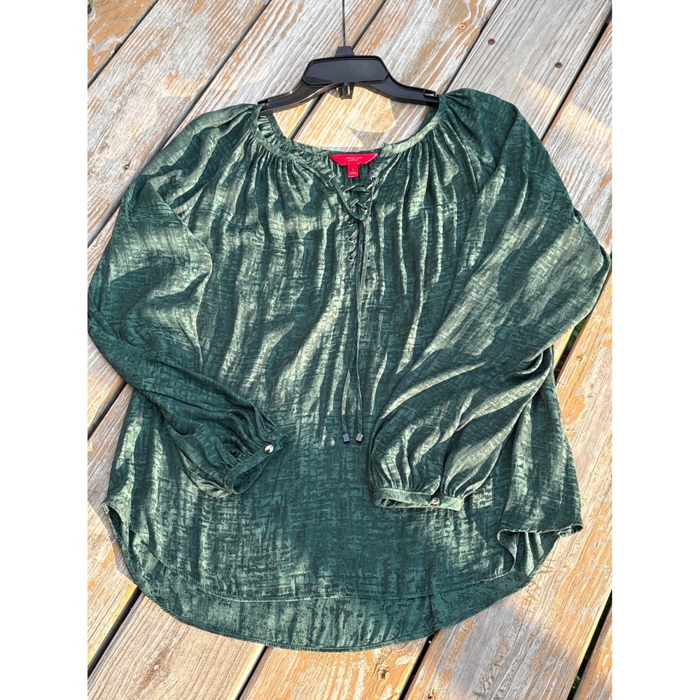 Jennifer Lopez Womens Green Lace Up Peasant Blouse Long Sleeve Textured Top S